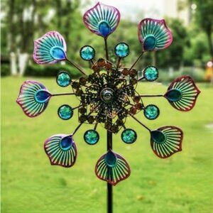 Luminous Blue Iron Art Rotating Pinwheel Windmill - Garden Art Courtyard